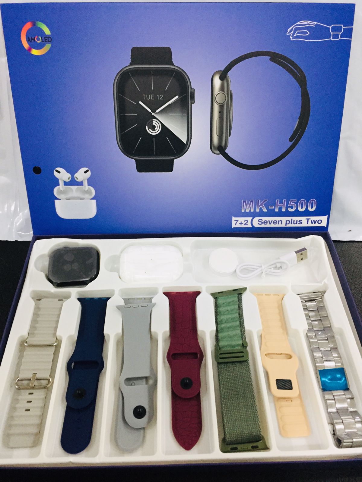 Series 9 Super Amoled MK-H500 7 Straps Smart Watch with Buds