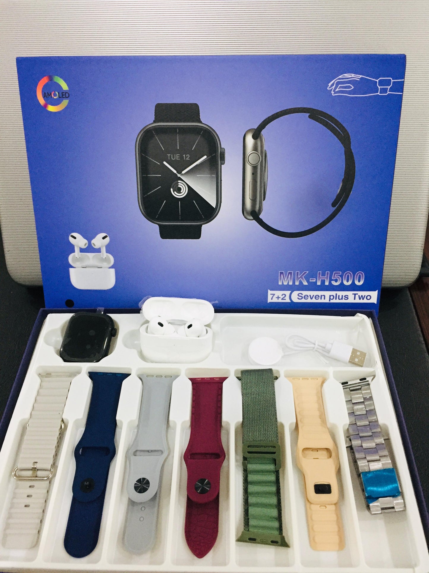 Series 9 Super Amoled MK-H500 7 Straps Smart Watch with Buds